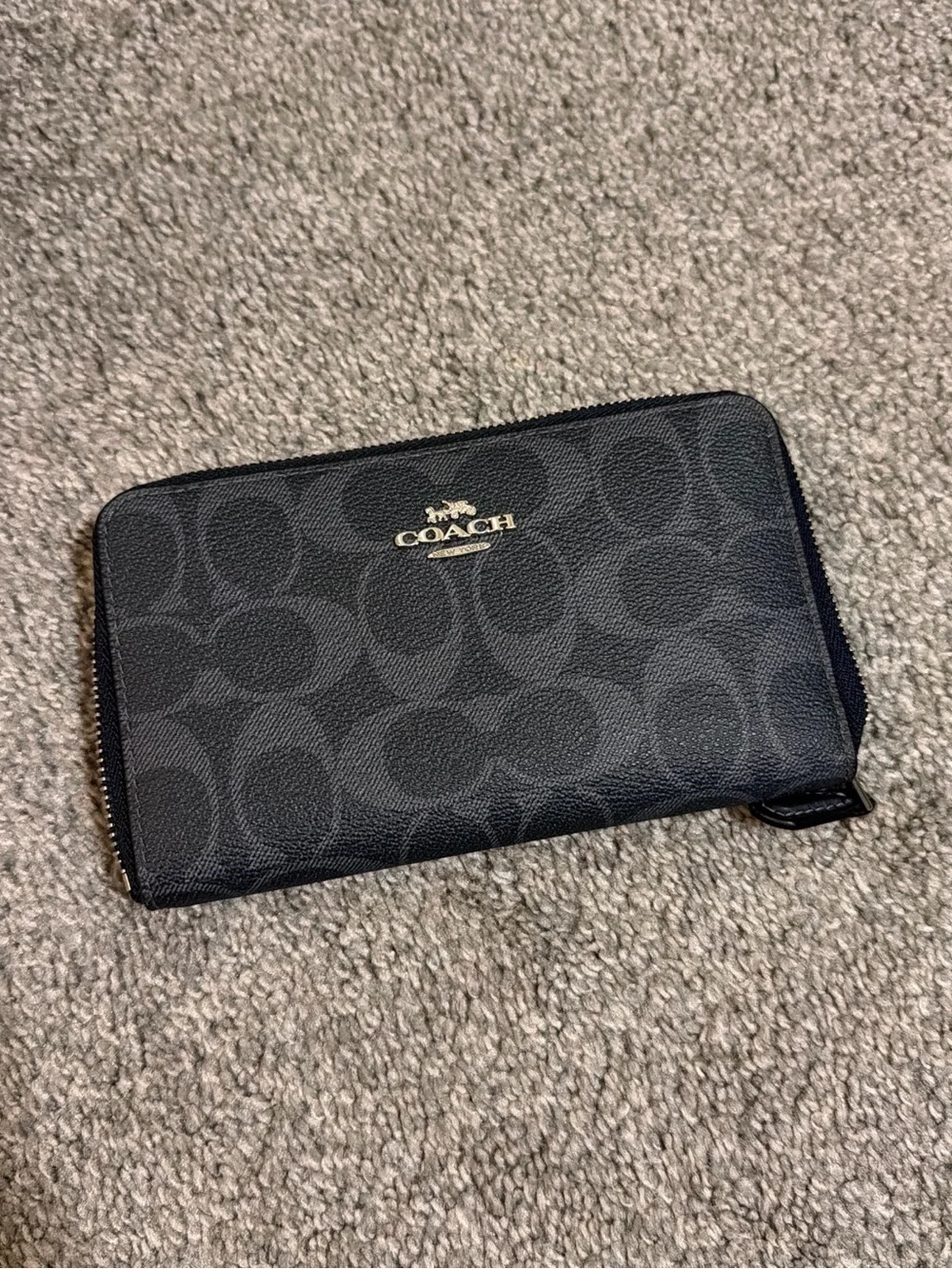 Coach Black Signature Zip Wallet with Gold Logo